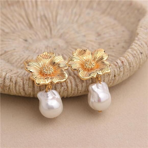Chunky Gold Drop Earrings – Baroque Pearl Sunflower Dangle Earrings - Picture 2 of 5